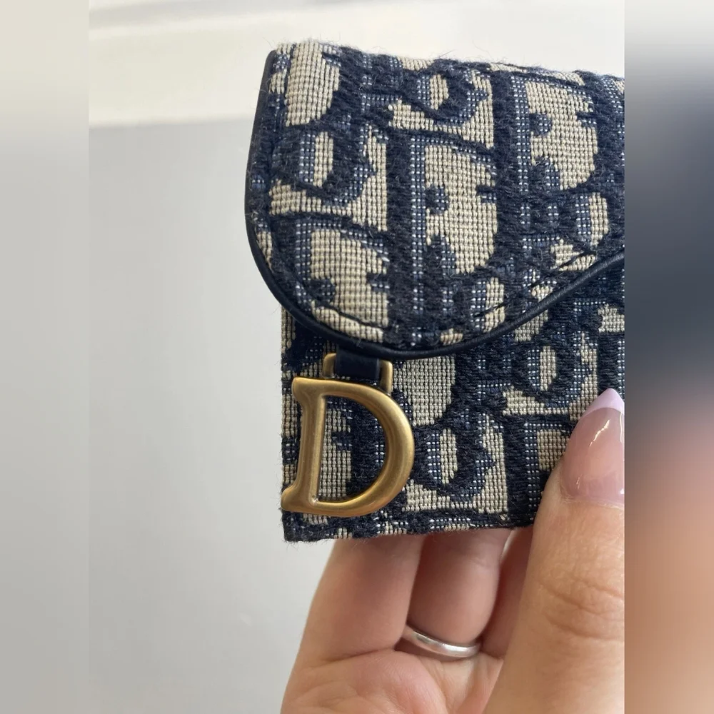 DIOR Blue Jacquard Oblique Saddle Card Case Holder Wallet